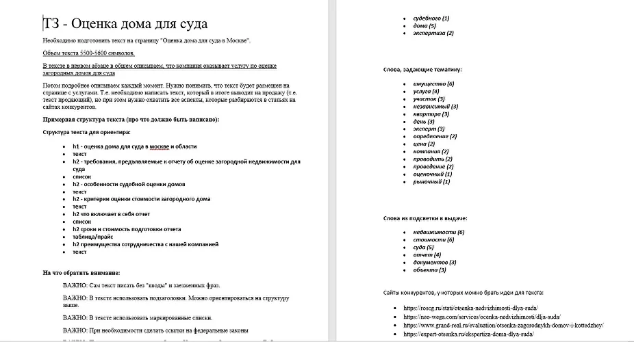 Пример ТЗ копирайтеру для текстов на сайте по оценке имущества