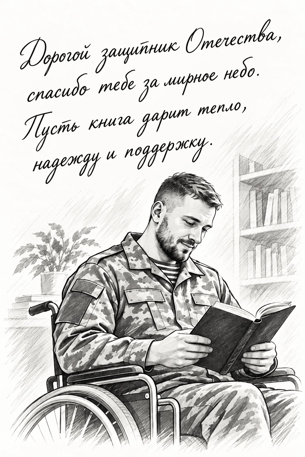 Иллюстрация: военнослужащий в инвалидном кресле читает книгу. Над ним написано пожелание защитнику Отечества