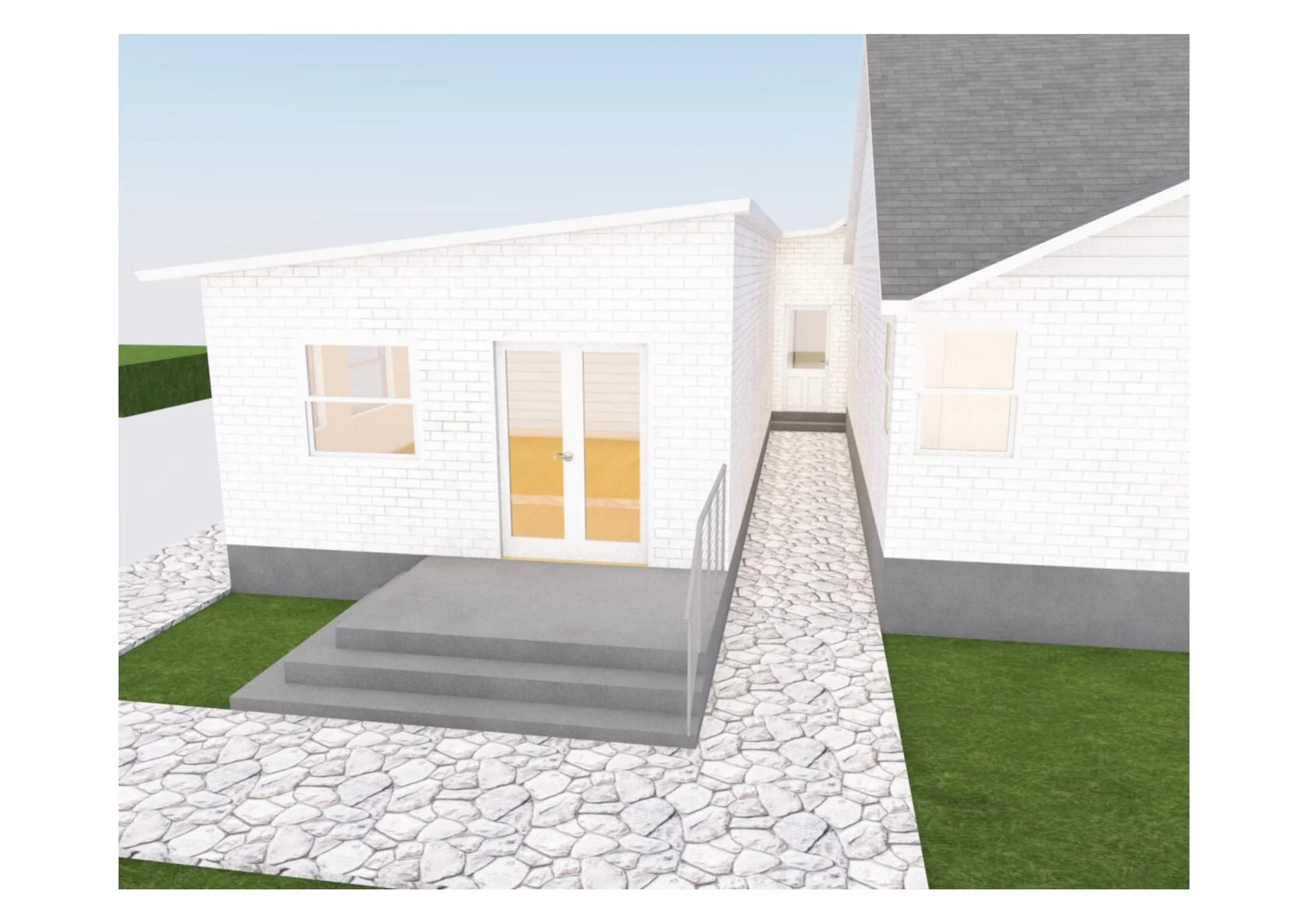 3D render of ADU addition entry View Ridge Seattle — stone veneer steps new entry