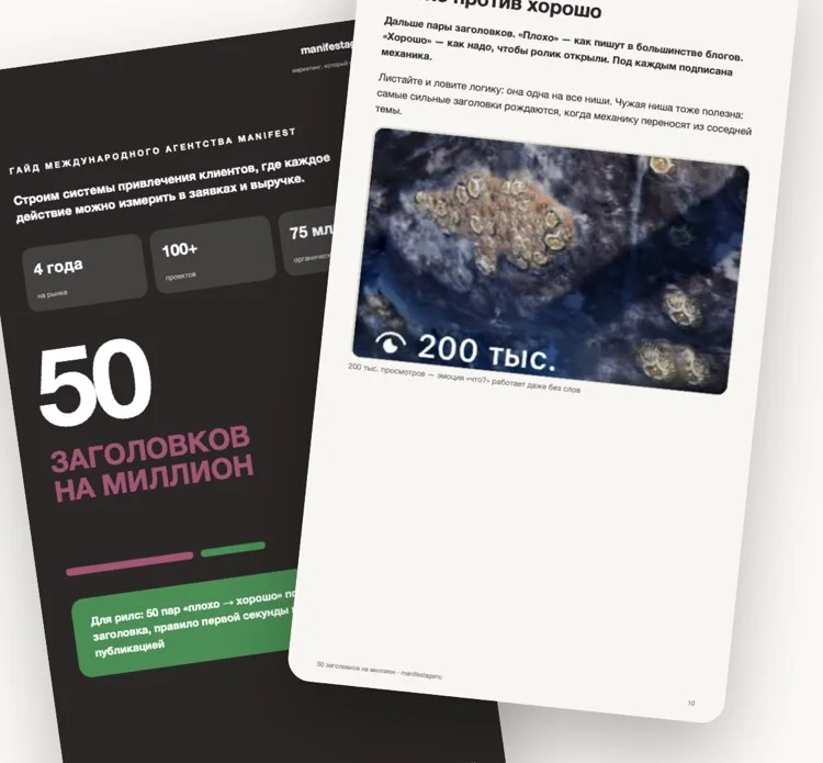 страницы гайда «50 заголовков для рилс на миллион» — MANIFEST