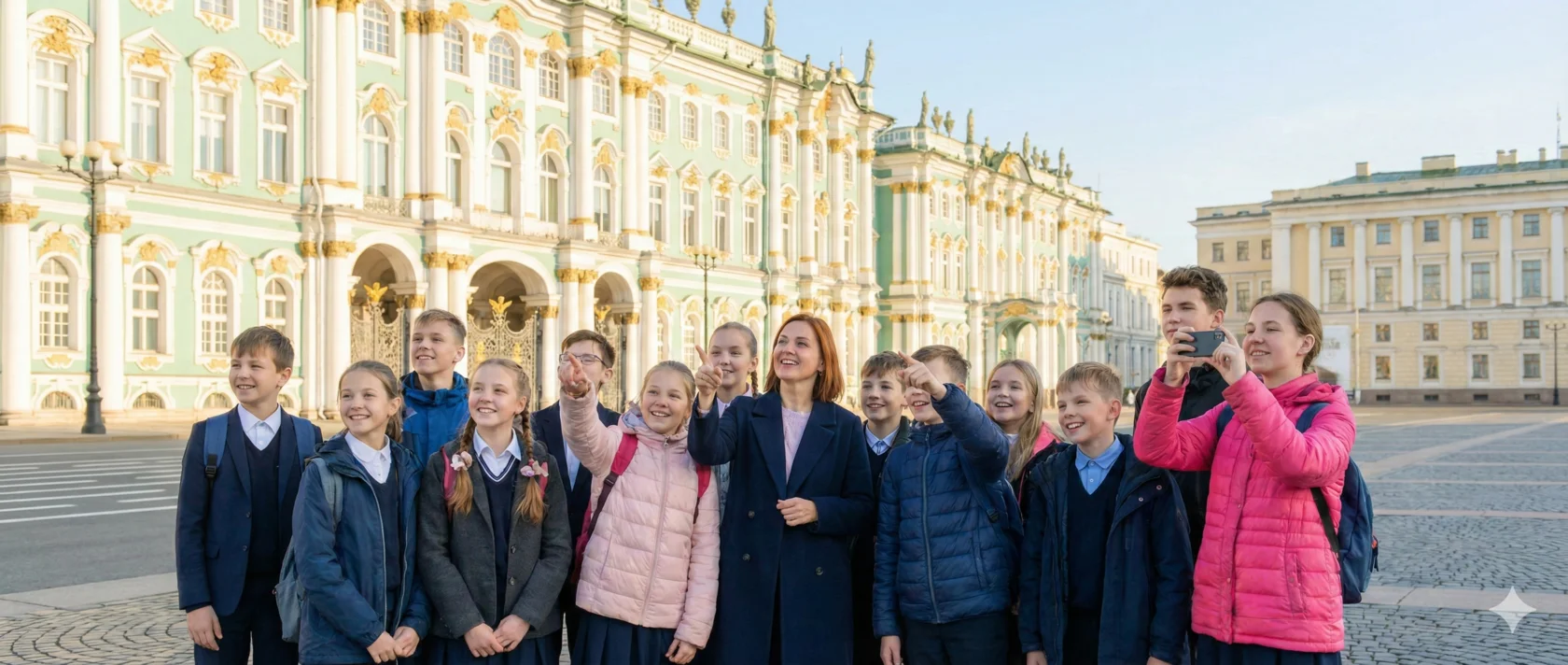 Группа школьников на экскурсии в Санкт-Петербурге с гидом