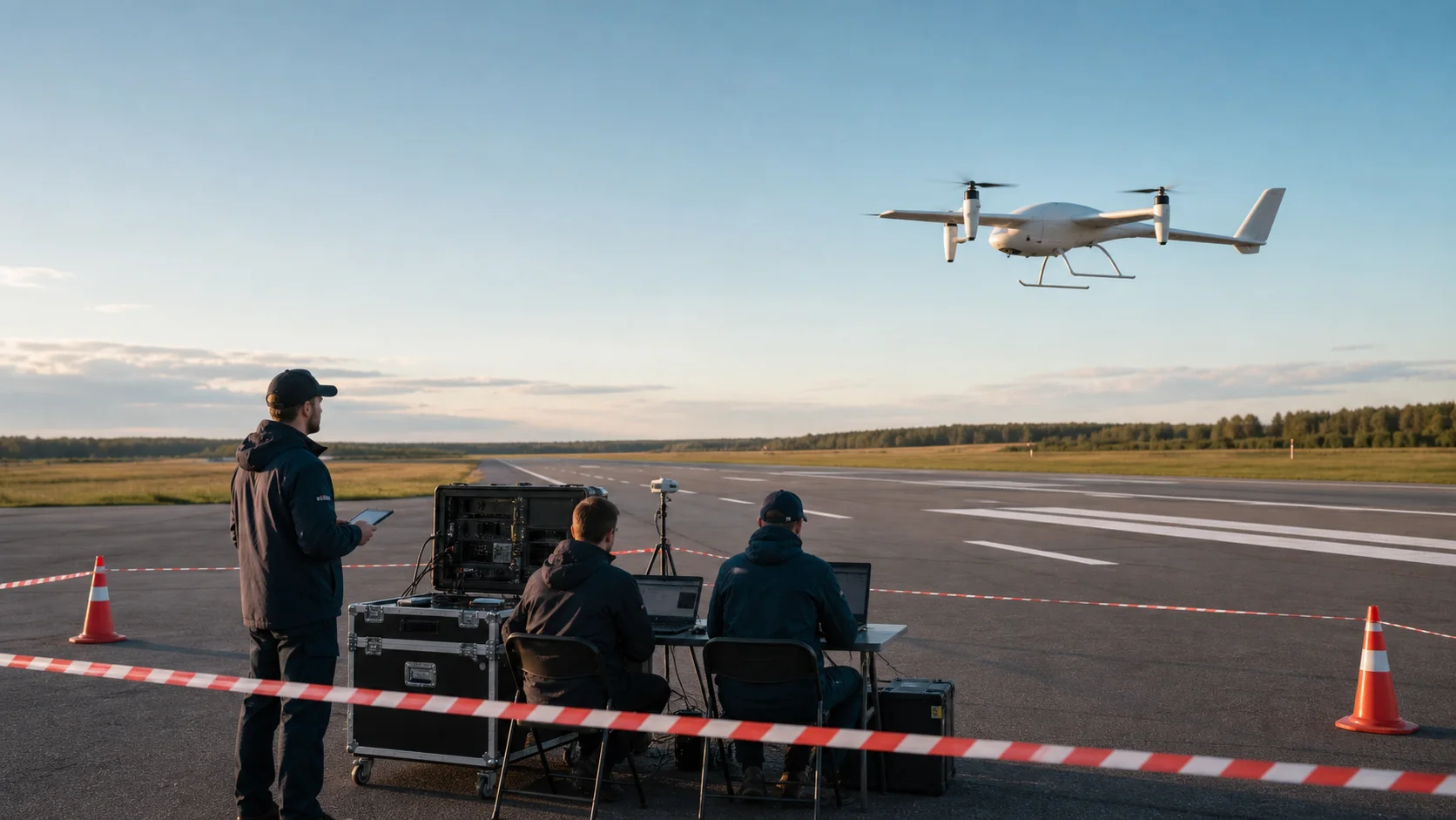 Концептуальная визуализация испытаний гражданской беспилотной авиационной системы на лётном поле