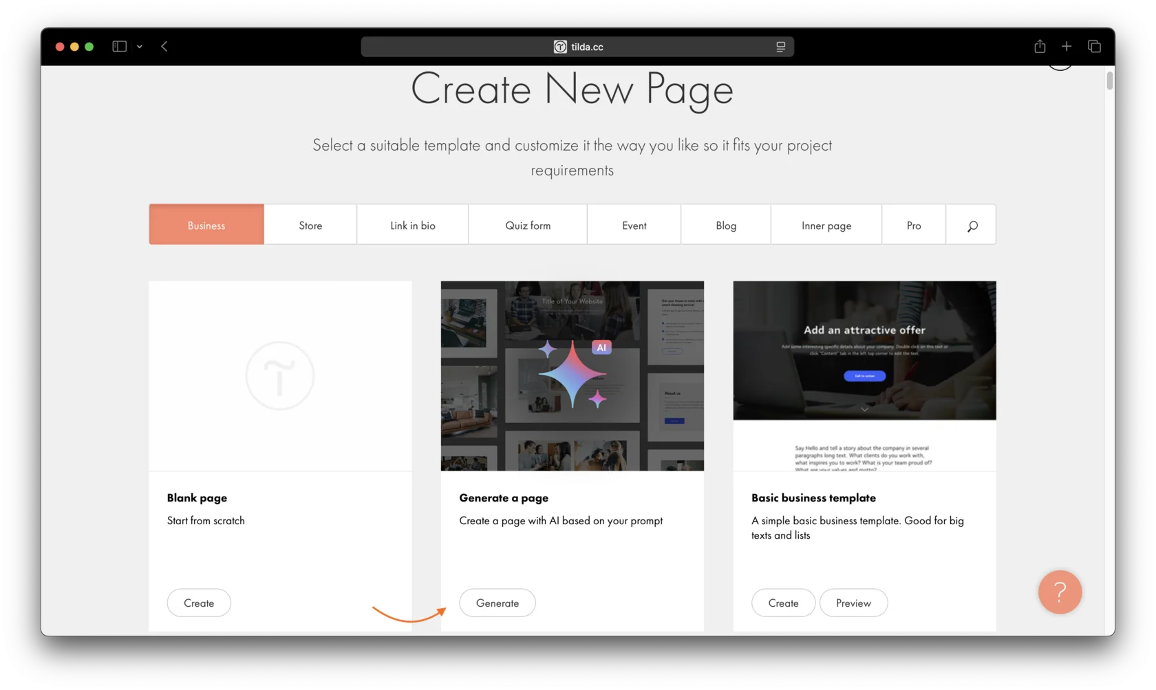 Create New Page screen: the "Generate" button under the "Generate a page" card.