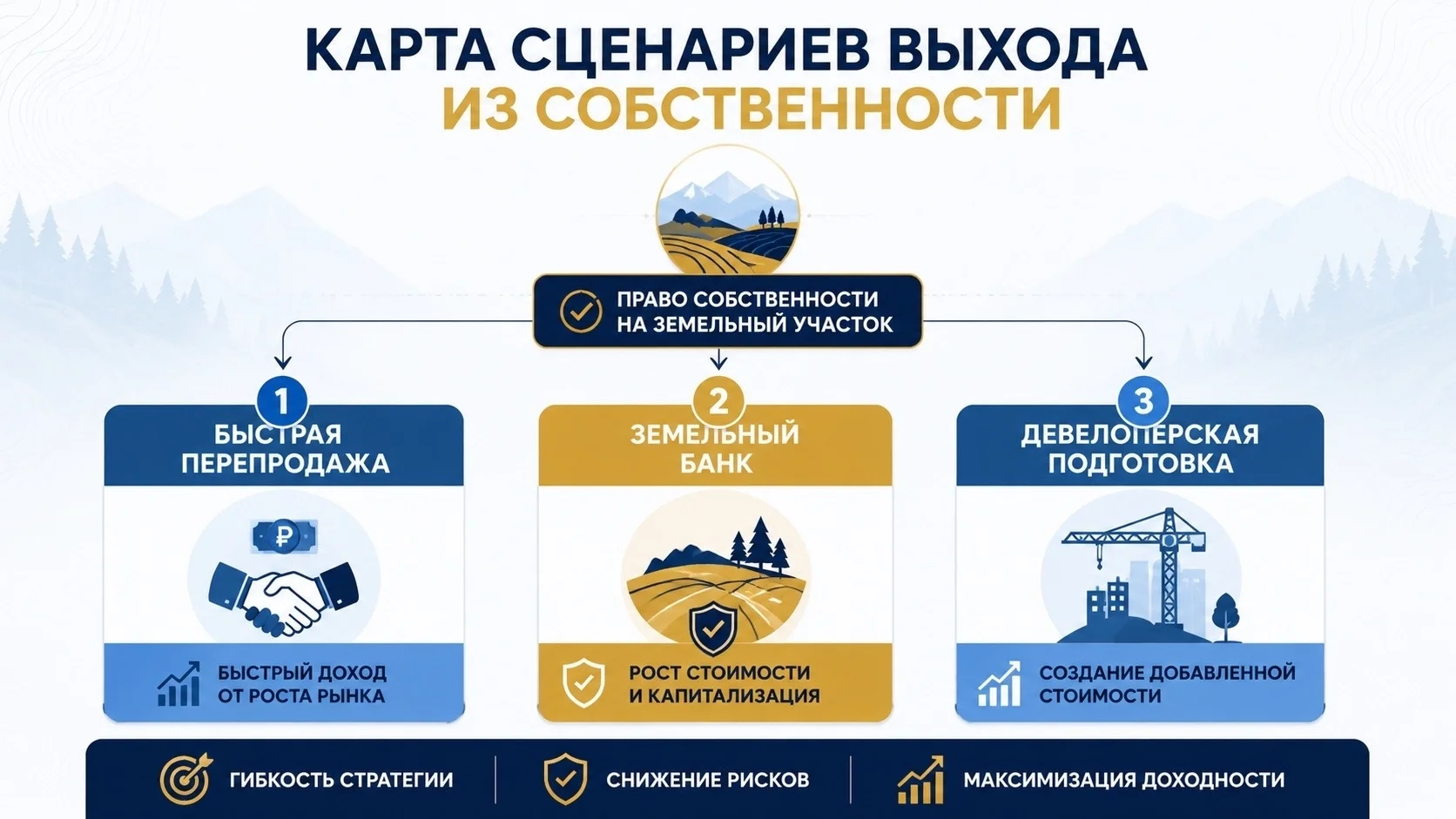Карта сценариев выхода из собственности: перепродажа, земельный банк, девелопмент