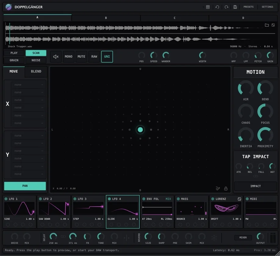 The Doppelganger plug-in interface: XY motion pad, four sample layers, modulator strip and bus effects
