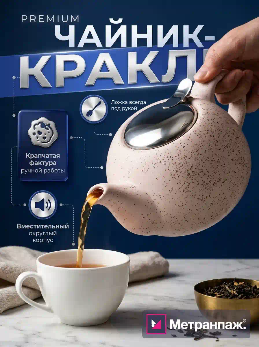 Карточка товара для маркетплейса: электрический чайник во втором варианте оформления — та же модель в другой сцене и палитре, дизайн создан в Метранпаже
