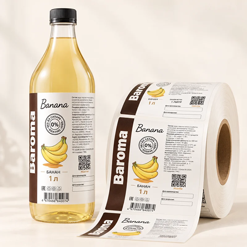 Бутылка напитка Baroma с бананом и рулон этикеток