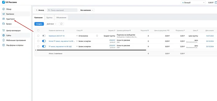 Вкладка «Аудитории» в кабинете VK ADS