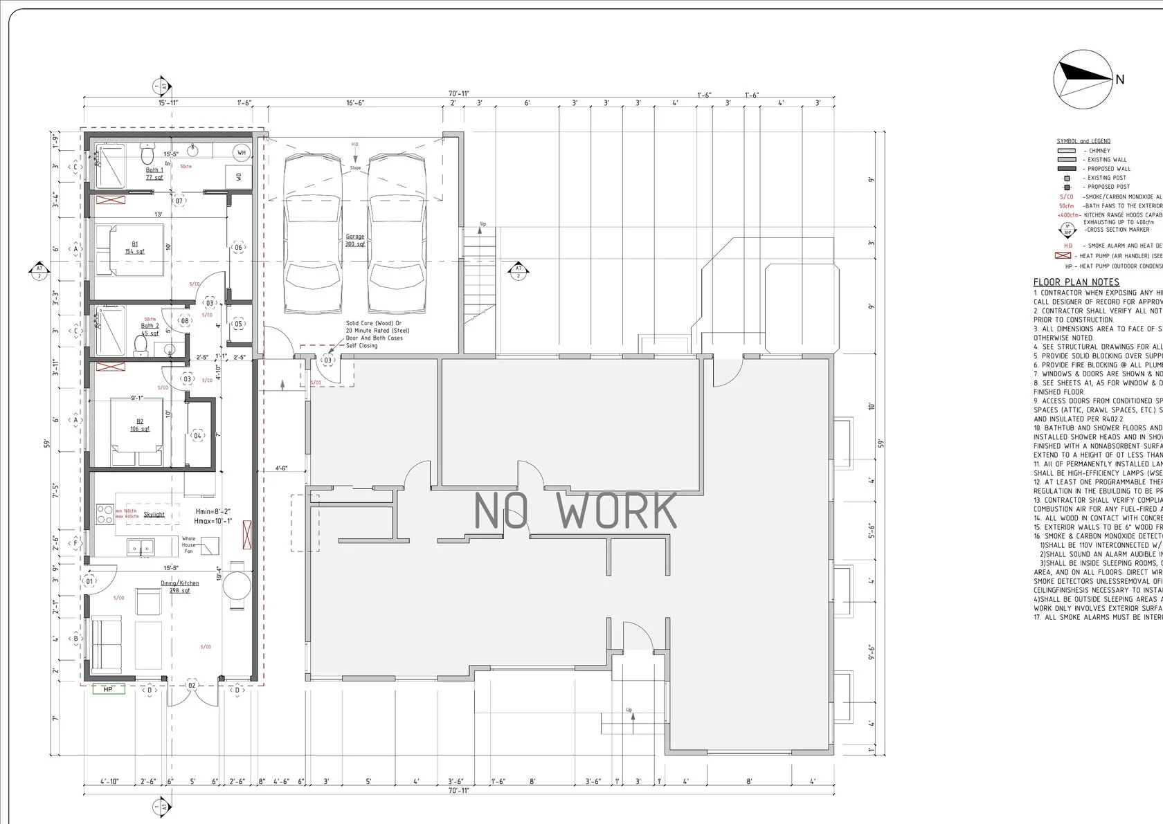 Floor plan 854 sq ft ADU addition View Ridge Seattle — 2 bedrooms 2 bathrooms kitchen dining skylight garage