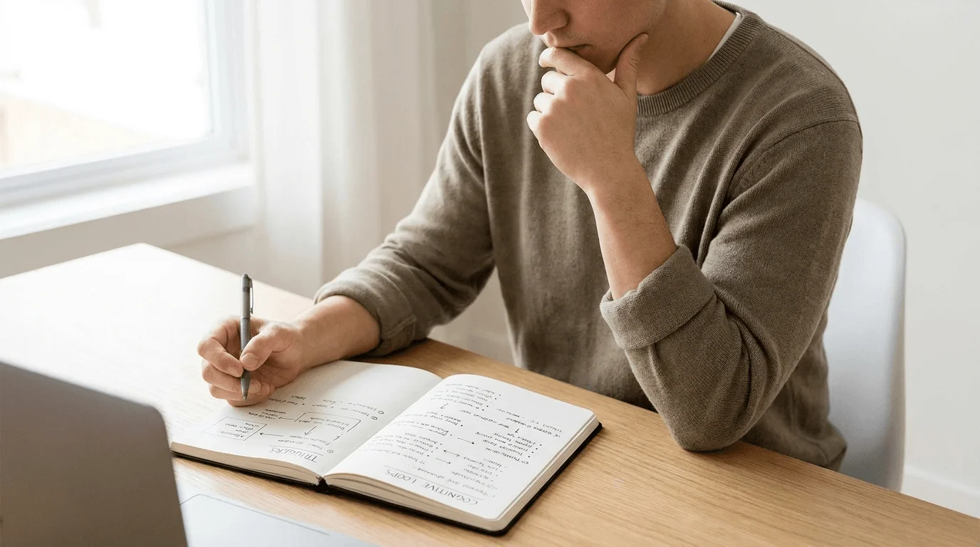 Человек пишет в блокноте за столом