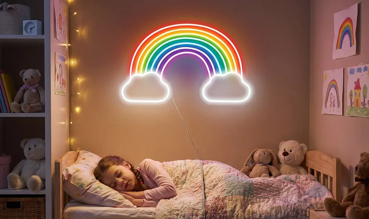 Неоновая вывеска кот в интерьере