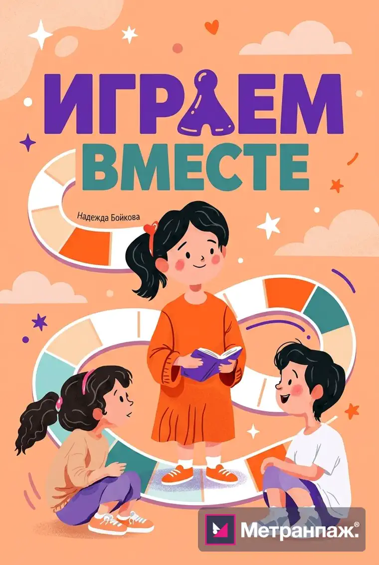 Обложка детской книги «Играем вместе», созданная нейросетью в Метранпаже