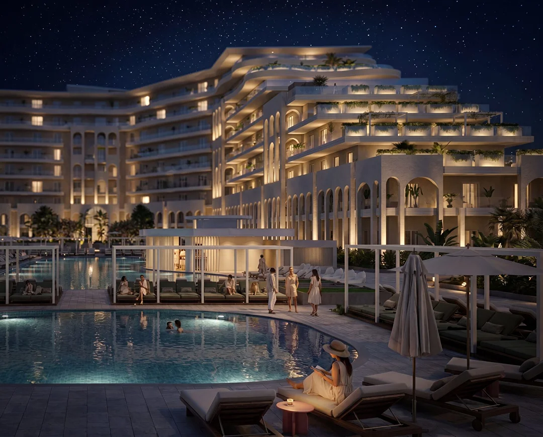 Открытый бассейн Sun Garden на закате с видом на каскадную архитектуру