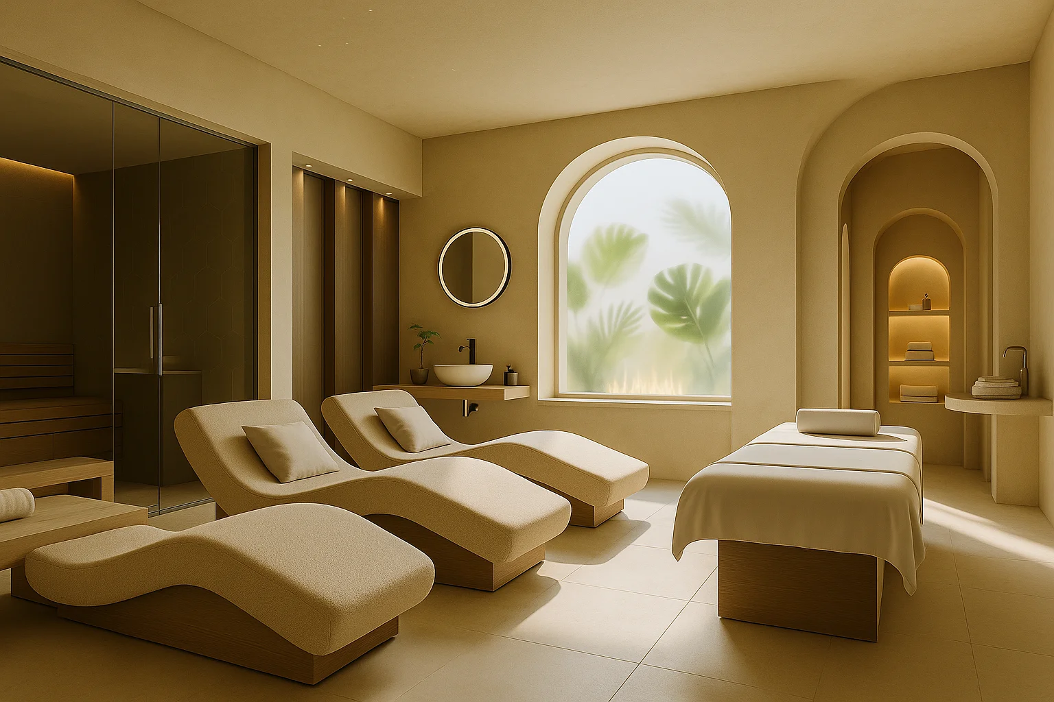 SPA CORE STRUKTURA — светлая релакс-зона с шезлонгами, арочным окном, сауной и бассейном