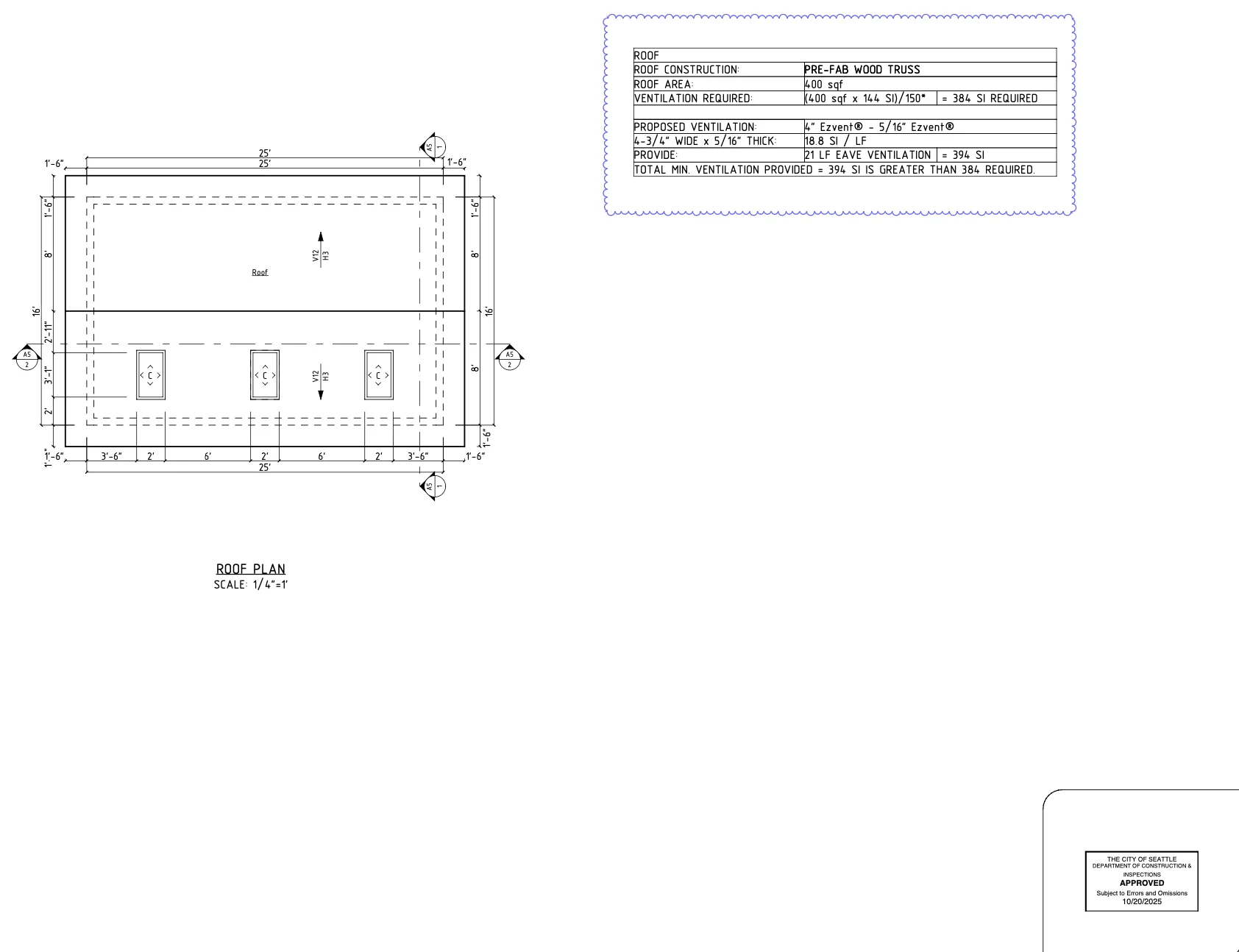 Roof plan with pre-fab wood truss and Ezvent eave ventilation for detached ADU Seattle Meadowbrook
