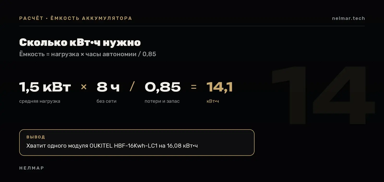 Расчёт ёмкости аккумулятора для гибридного инвертора: нагрузка 1,5 кВт на 8 часов — 14,1 кВт·ч