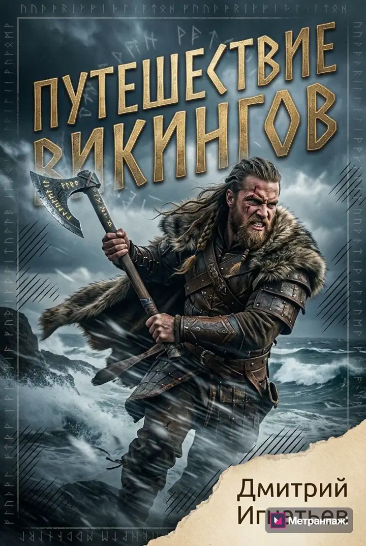 Обложка приключенческой книги «Путешествие викингов», сделана в Метранпаже