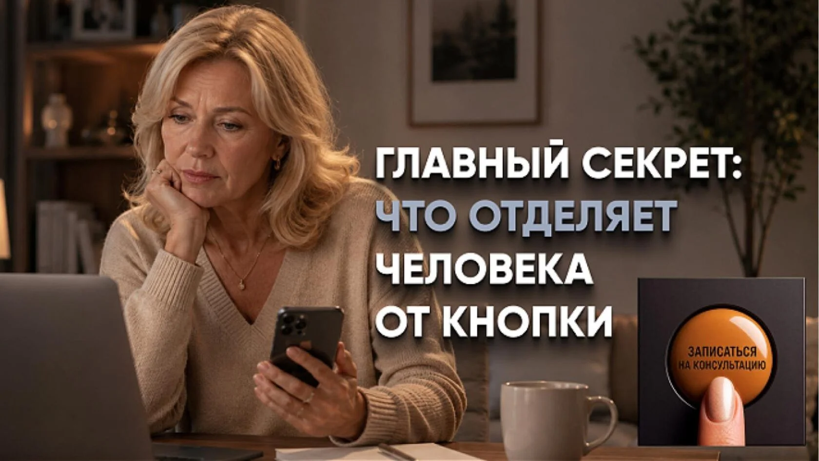Обложка видео о записи пациентов на консультацию к пластическому хирургу: женщина сомневается перед записью в клинику, смотрит в смартфон, рядом кнопка «Записаться на консультацию». Доверие к врачу и общение с пациентом до записи