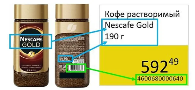 Сравнение названия и штрихкода на банке Nescafe Gold с образцом ценника