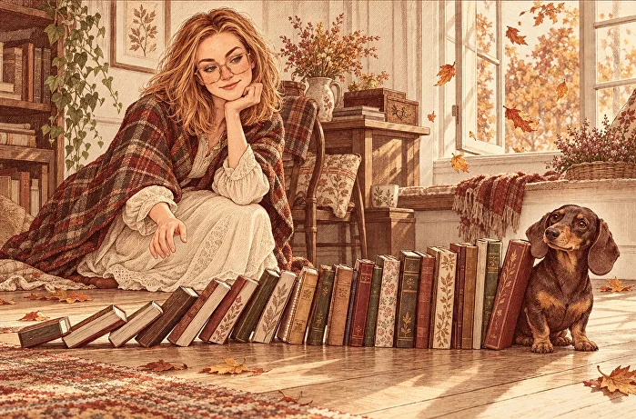Ряд книг падает как домино, такса удерживает последнюю, героиня наблюдает