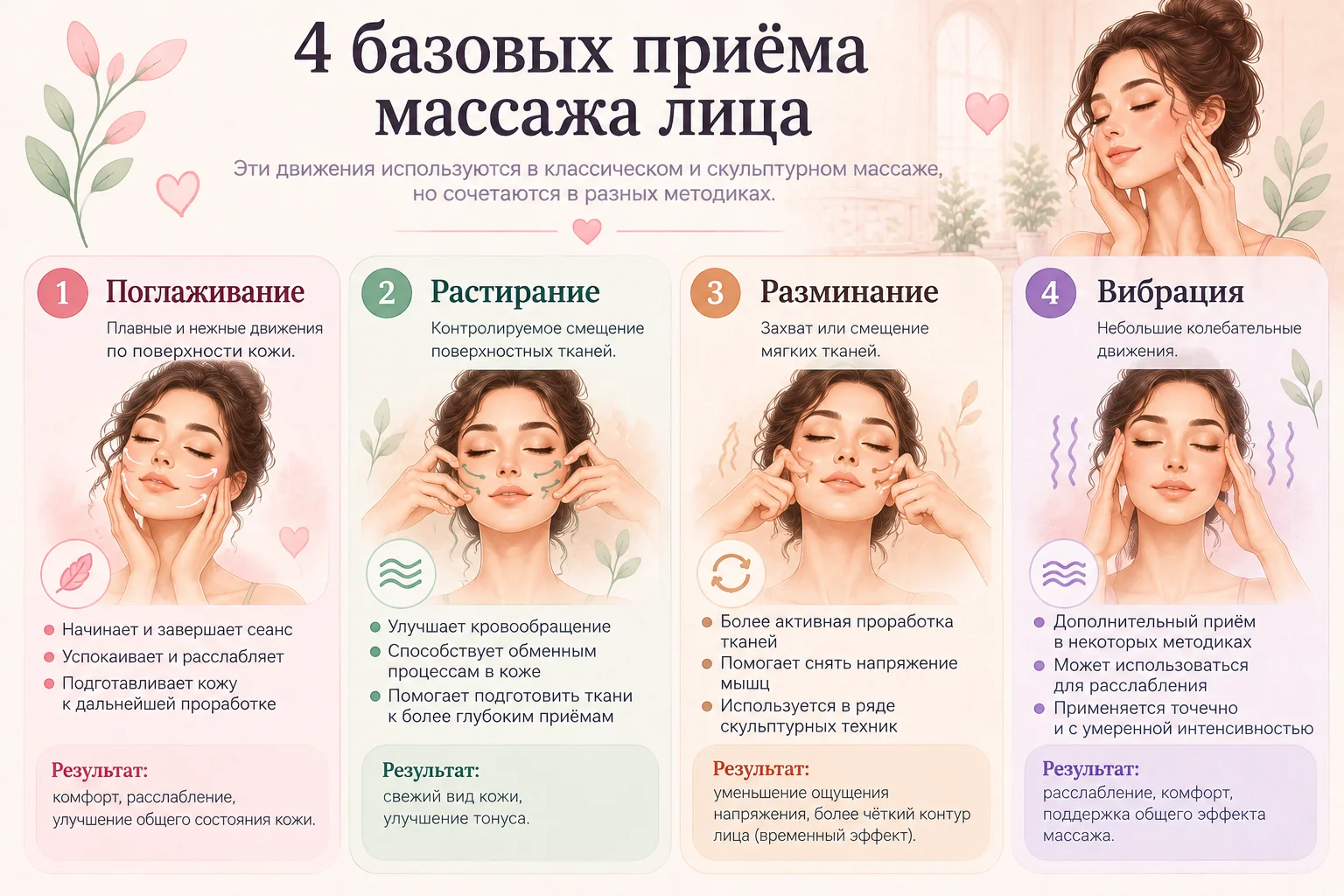 Четыре базовых приёма массажа лица и их особенности.
