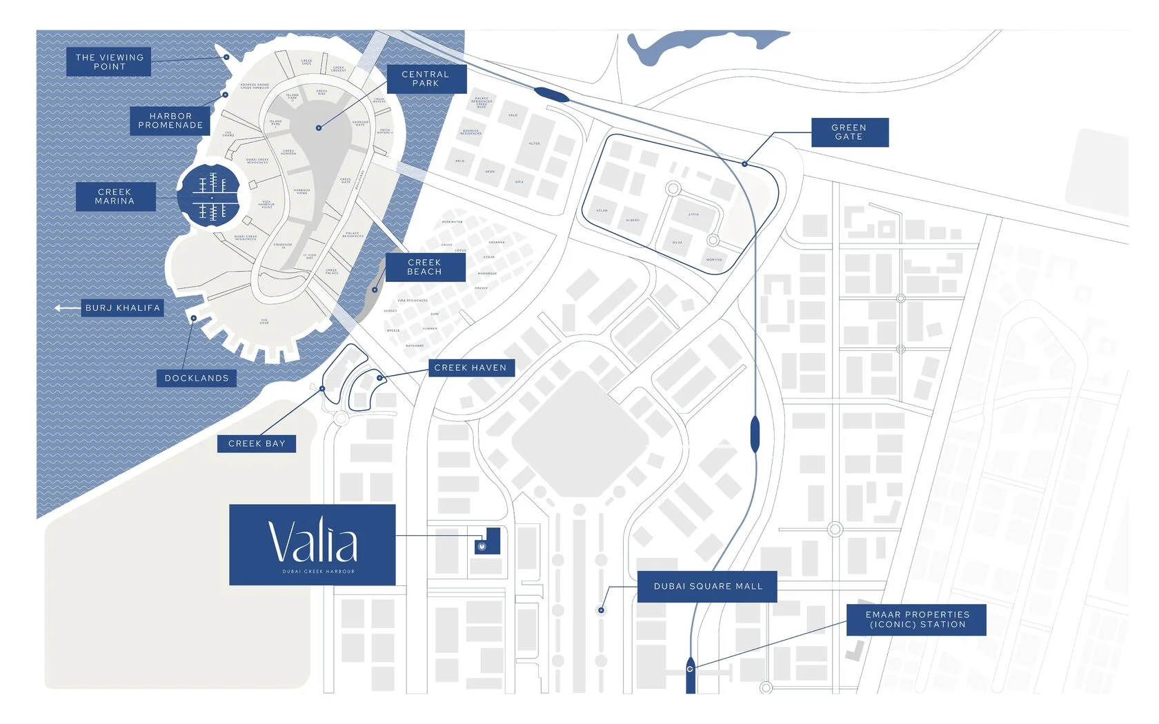 Расположение VALIA рядом с Dubai Square Mall и Emaar Properties Iconic Station