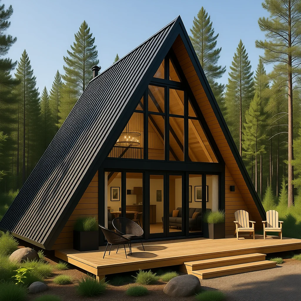 A-Frame дом 6×8 м с панорамным фронтоном и террасой — проект Struktura