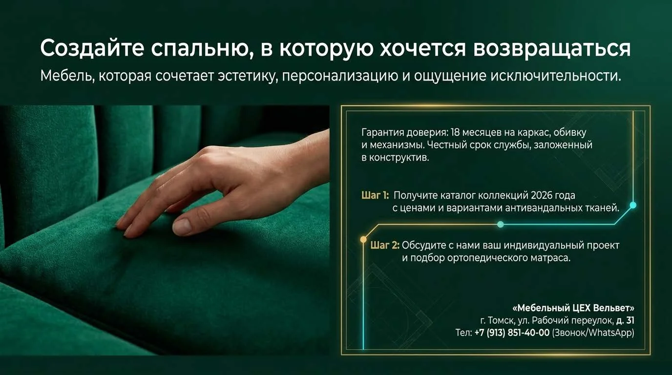 Спальня с мягкой кроватью на заказ от Мебельного ЦЕХа ВЕЛЬВЕТ