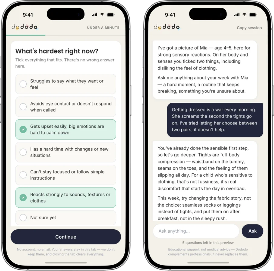 Dododo assistant prototype screens