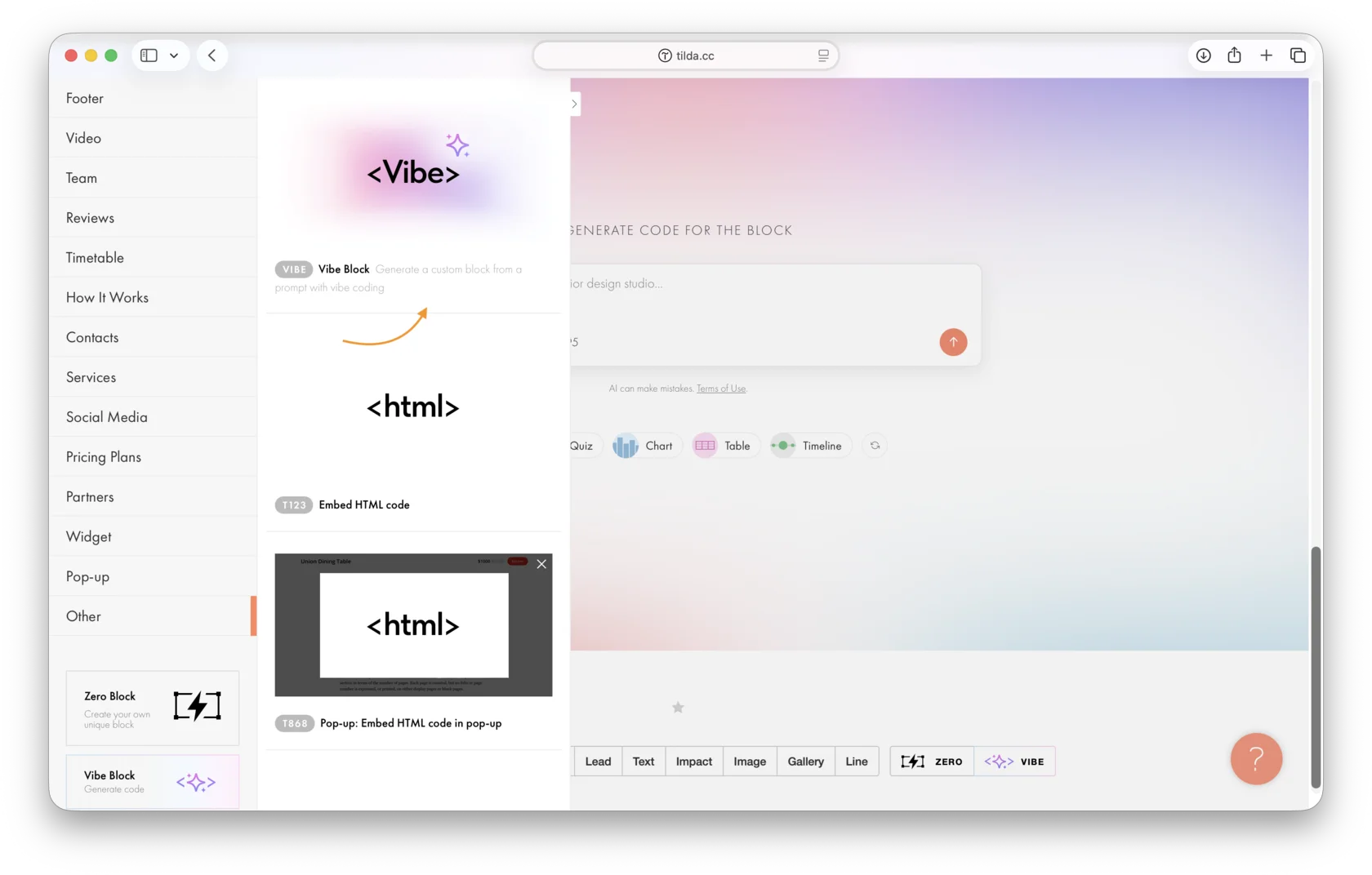 In the Block Library under "Other": the "Vibe Block" (VIBE) block card at the top of the list.