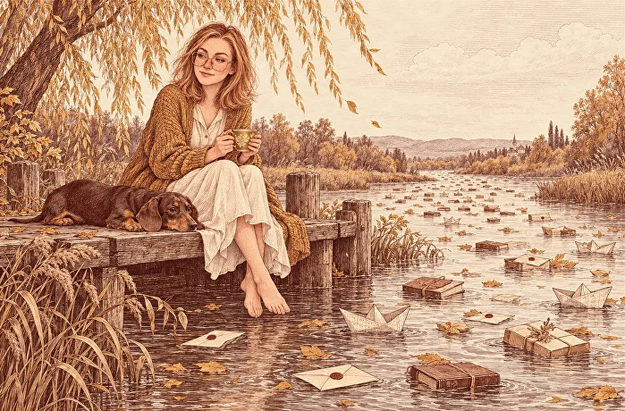 Героиня с чашкой сидит на причале, по реке спокойно плывут письма и книги, такса дремлет рядом