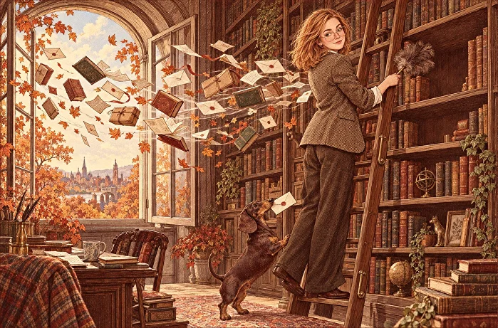 Героиня на лестнице в библиотеке, в открытое окно влетают письма и книги