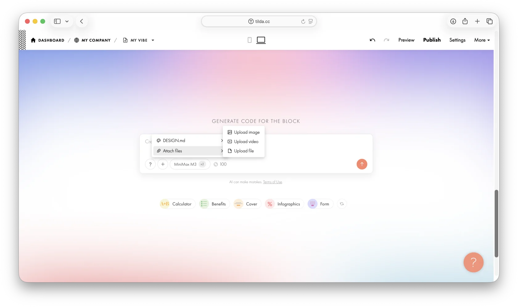 Vibe Block prompt field: the "Attach files" menu with "Upload image", "Upload video", and "Upload file" options.