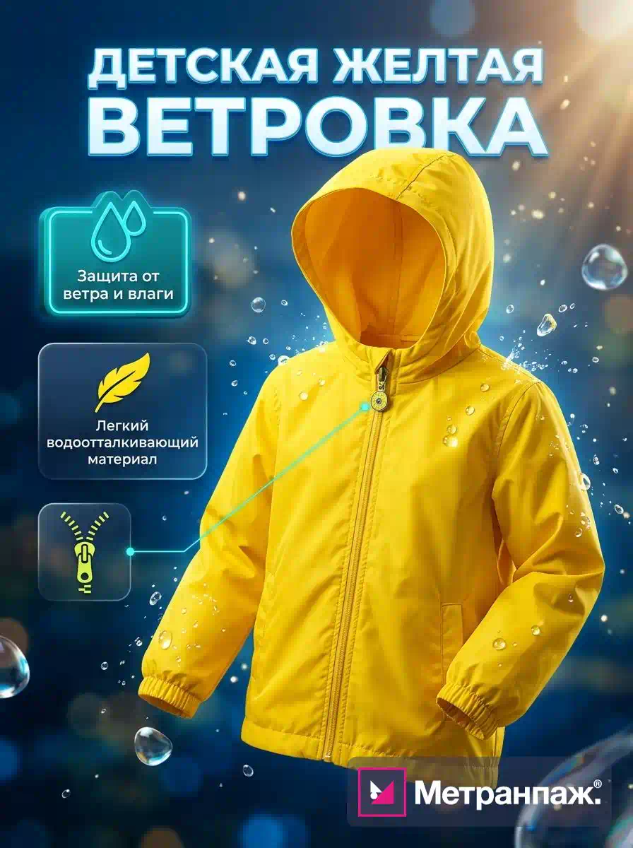 Карточка товара для маркетплейса: жёлтая ветровка — дизайн главного фото с крупным заголовком и инфографикой с преимуществами, формат 900×1200 для Wildberries, создан в Метранпаже