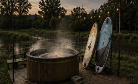 Outdoor warm wooden hot tub