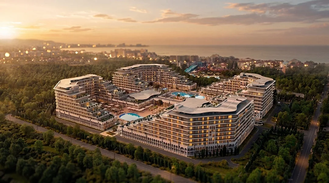 Каскадная архитектура Sun Garden на закате: бассейны, зелёные террасы и подсветка фасадов