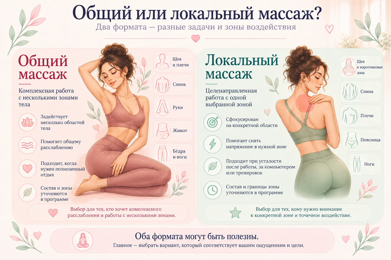 Общий и локальный массаж: сравнение зон воздействия и задач.
