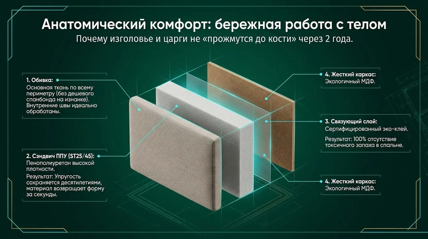 Слои мягкого изголовья кровати: ткань, плотный поролон, клеевой слой и жёсткая основа