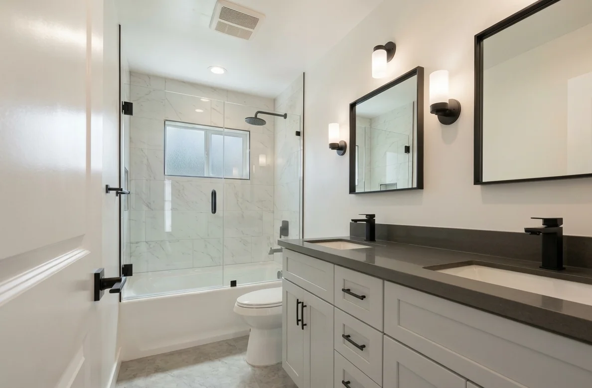 Rental DADU bathroom Bothell — tub shower frameless glass double vanity quartz black fixtures