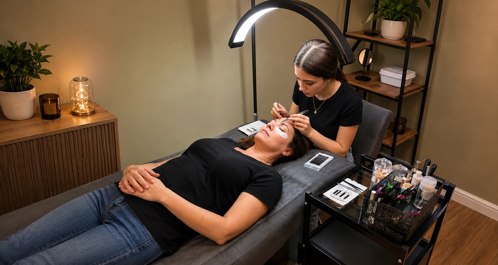 Мастер MagicLashes выполняет наращивание ресниц клиентке в уютном кабинете студии