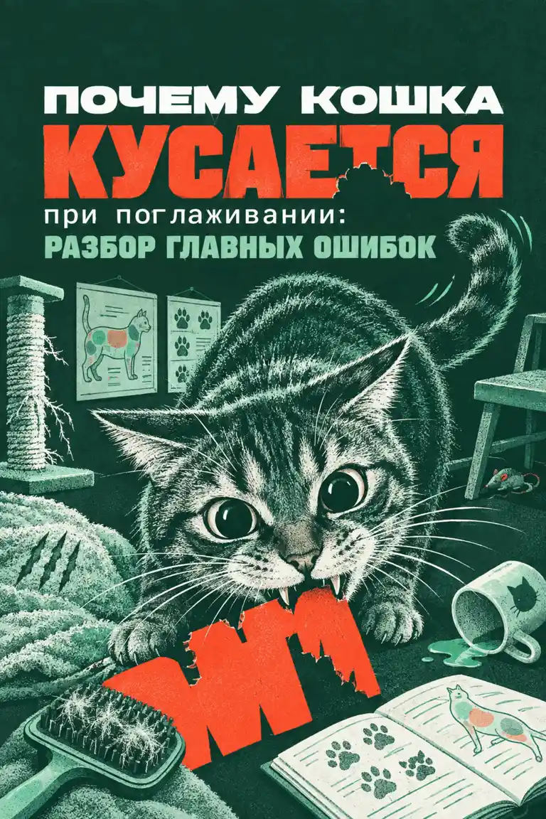 Обложка гайда «Почему кошка кусается при поглаживании: разбор главных ошибок»: крупная настороженная кошка в ретро-графике, вокруг бытовые предметы и следы царапин на темно-зеленом фоне.