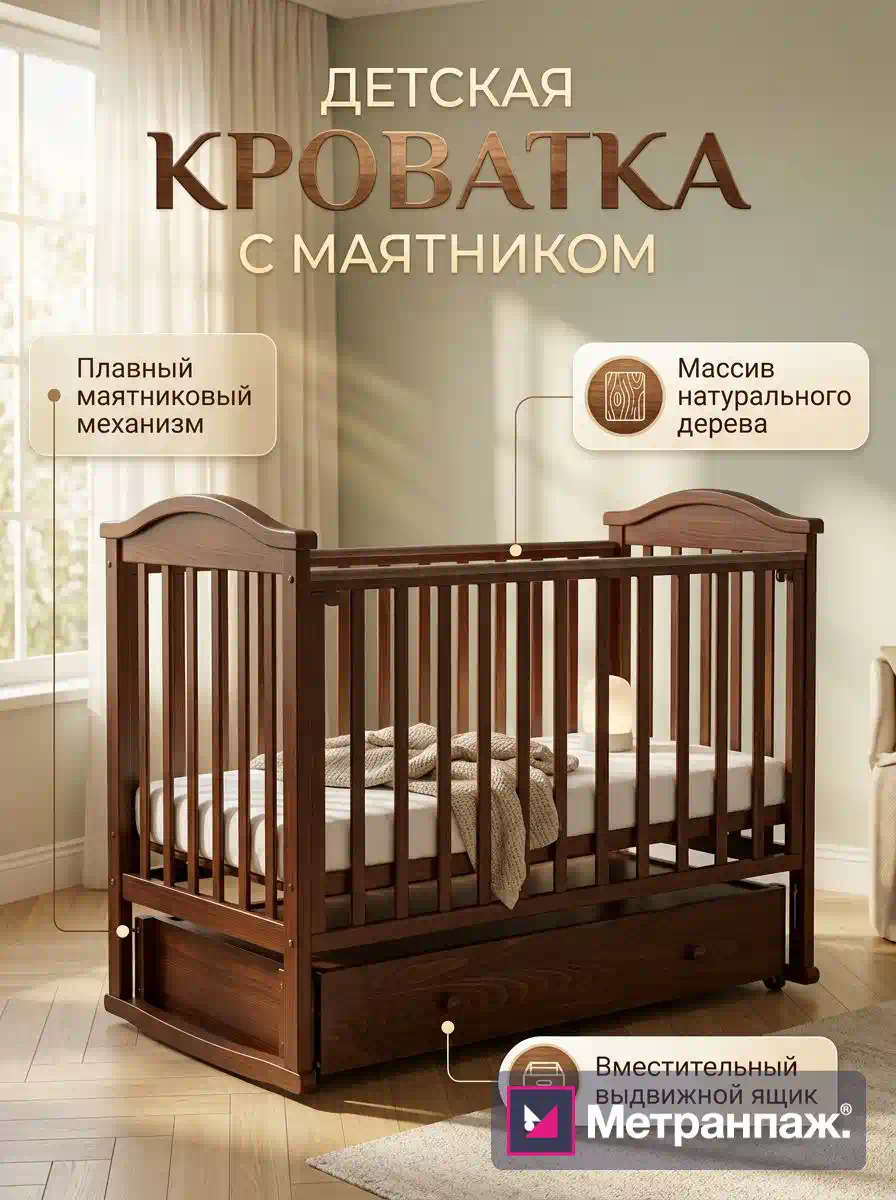 Карточка товара для маркетплейса: детская кроватка — дизайн главного фото с инфографикой о материалах и размерах, формат 900×1200, создан в Метранпаже