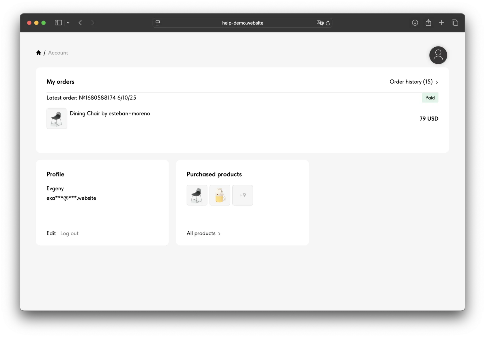 The customer account main page in an online store with "My orders", "Profile", and "Purchased products" sections.
