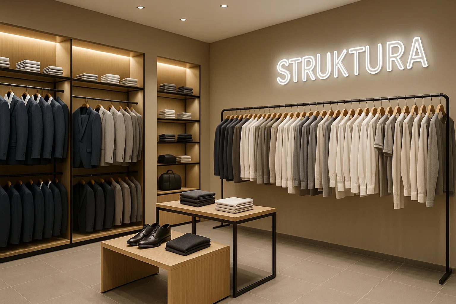 Дизайн интерьера бутика мужской одежды STRUKTURA с неоновым логотипом и светлыми дубовыми витринами