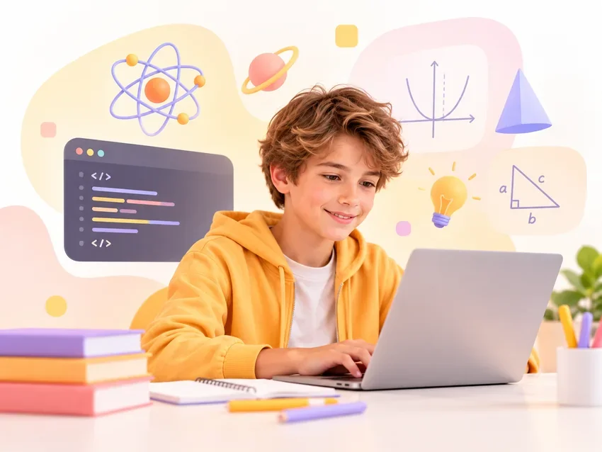 Ученик 10–12 лет занимается программированием и математикой