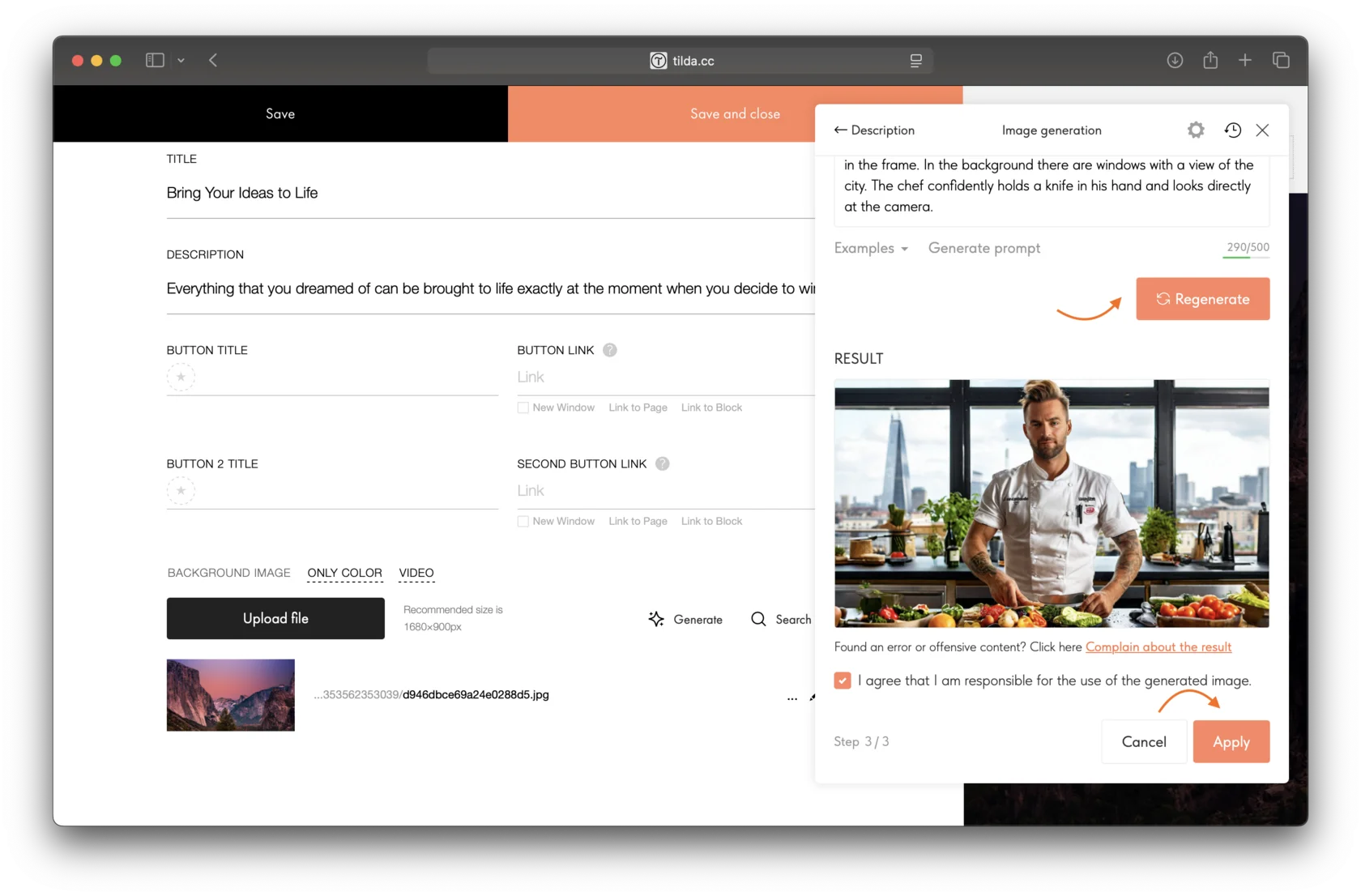 In the "Image generation" pop-up window: the "Regenerate" button next to the prompt field, and the "Apply" button in the bottom right corner.