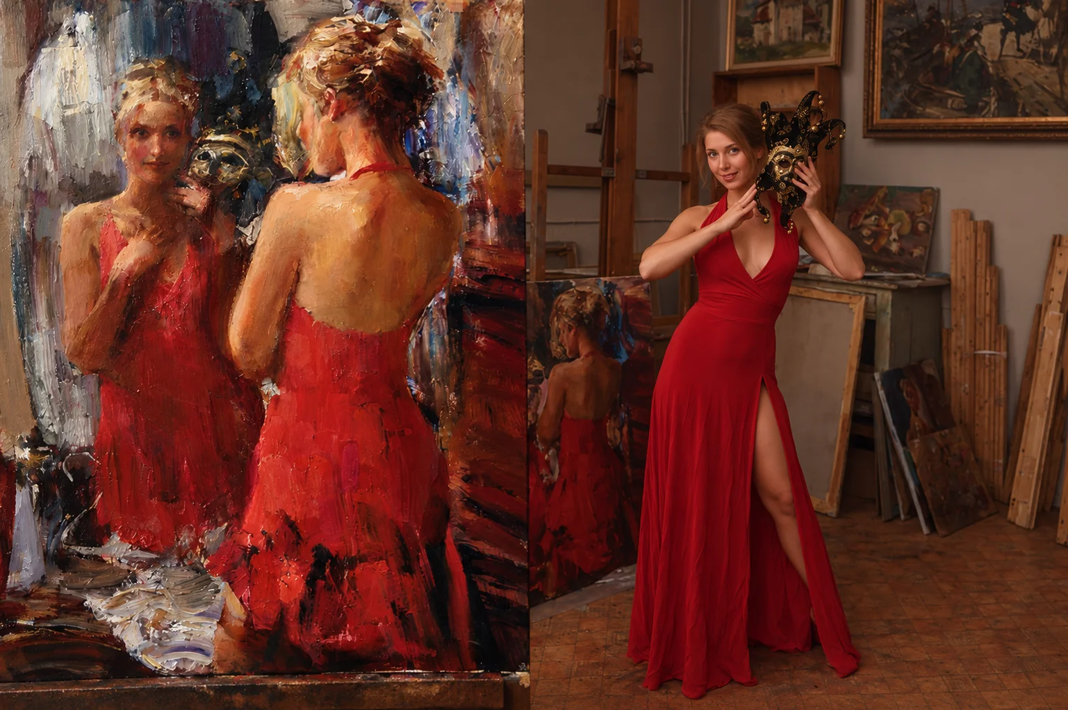Модель и её живописный портрет в мастерской художника