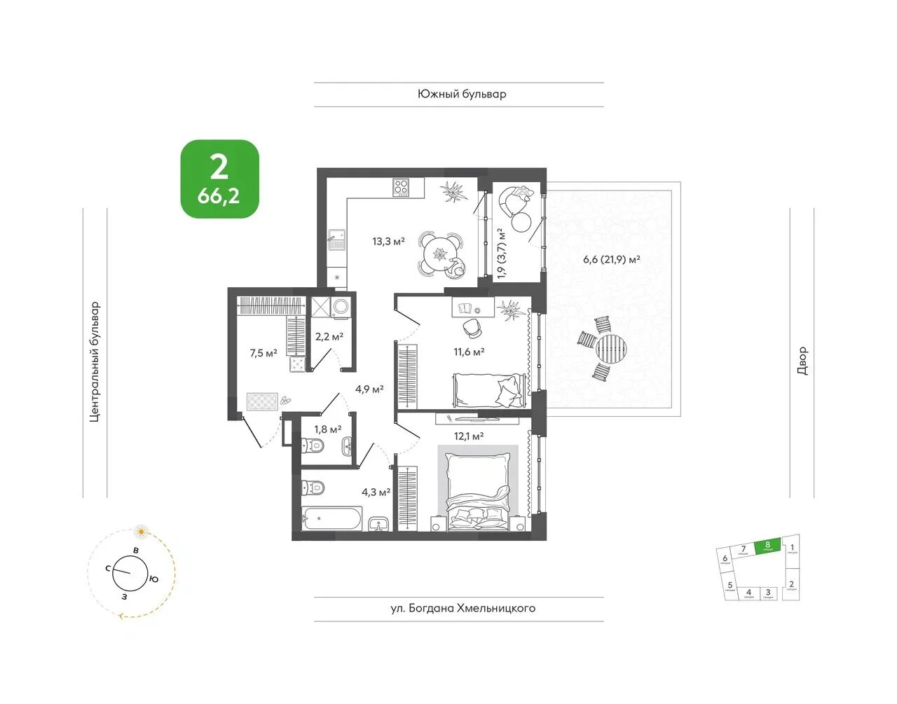 Планировка 2-комнатной