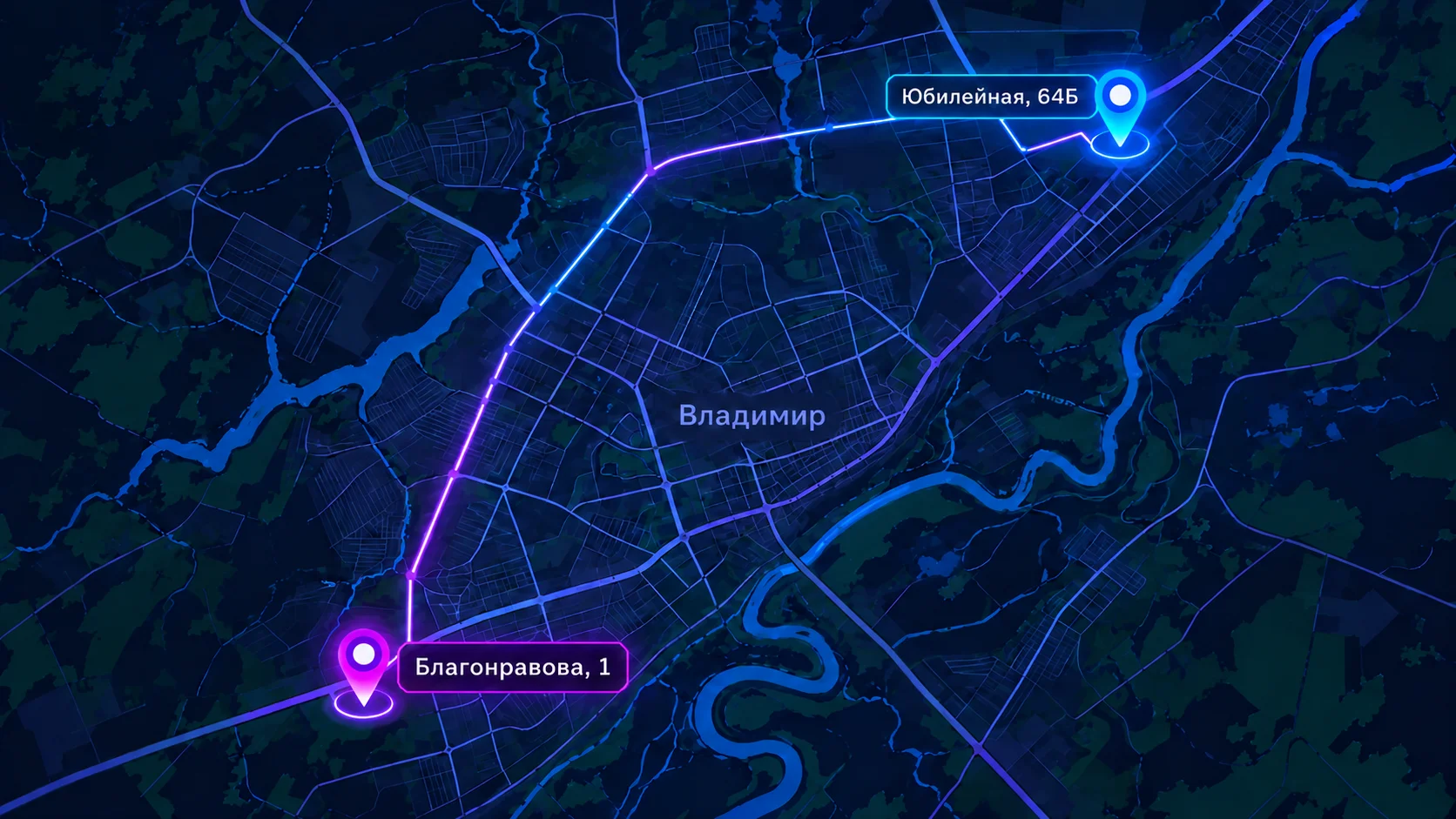 Карта расположения двух площадок КАССИОПЕИ во Владимире: Благонравова, 1 и Юбилейная, 64Б