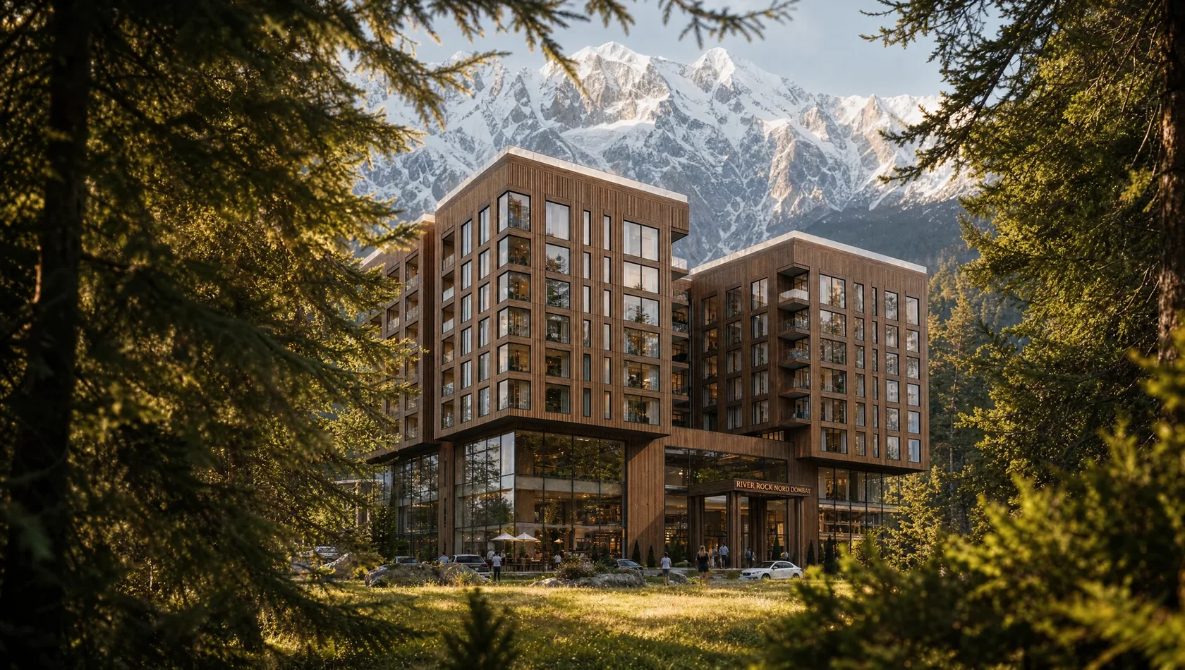 River Rock NØRD Dombay среди хвойного леса на фоне гор